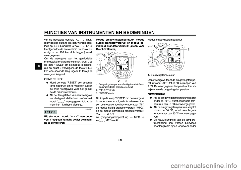 YAMAHA FJR1300A 2007 Instructieboekje (in Dutch) FUNCTIES VAN INSTRUMENTEN EN BEDIENINGEN
3-10
3
van de ingestelde eenheid “AV_ _._ km/L”
(gemiddelde afstand die kan worden afge-
legd op 1.0 L brandstof) of “AV_ _._ L/100
km” (gemiddelde hoe YAMAHA FJR1300A 2007 Instructieboekje (in Dutch) FUNCTIES VAN INSTRUMENTEN EN BEDIENINGEN
3-10
3
van de ingestelde eenheid “AV_ _._ km/L”
(gemiddelde afstand die kan worden afge-
legd op 1.0 L brandstof) of “AV_ _._ L/100
km” (gemiddelde hoe