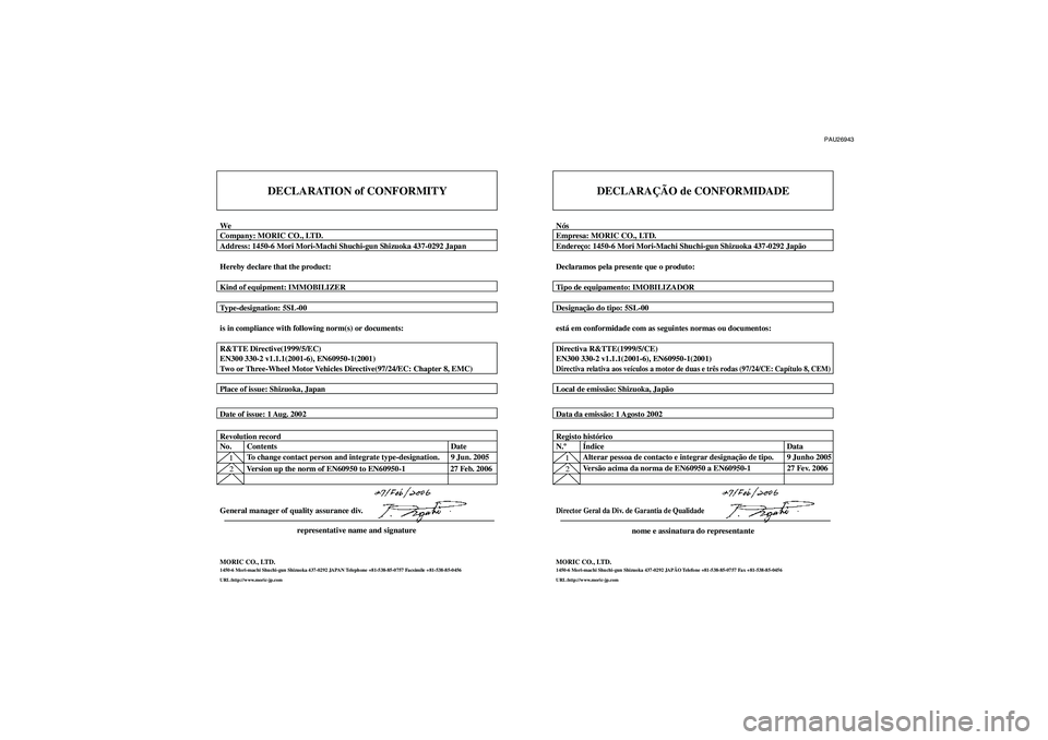 YAMAHA FJR1300A 2007  Manual de utilização (in Portuguese) PAU26943
DECLARATION of CONFORMITY
WeCompany: MORIC CO., LTD.
Address: 1450-6 Mori Mori-Machi Shuchi-gun Shizuoka 437-0292 Japan
Hereby declare that the product:
Kind of equipment: IMMOBILIZER
Type-de