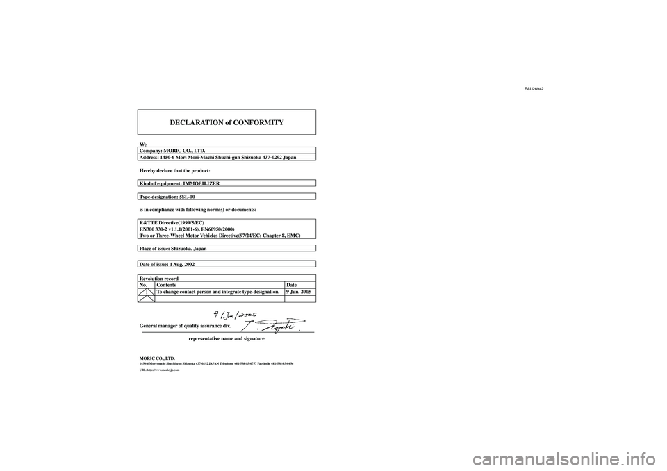 YAMAHA FJR1300A 2006  Owners Manual EAU26942
DECLARATION of CONFORMITY
WeCompany: MORIC CO., LTD.
Address: 1450-6 Mori Mori-Machi Shuchi-gun Shizuoka 437-0292 Japan
Hereby declare that the product:
Kind of equipment: IMMOBILIZER
Type-de