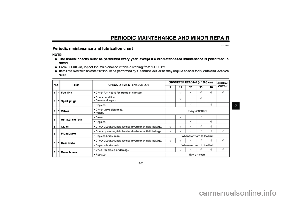 YAMAHA FJR1300A 2006  Owners Manual PERIODIC MAINTENANCE AND MINOR REPAIR
6-2
6
EAU17705
Periodic maintenance and lubrication chart NOTE:
The annual checks must be performed every year, except if a kilometer-based maintenance is perfor