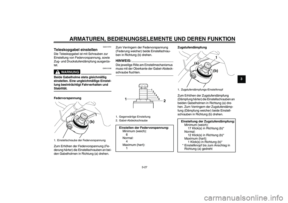 YAMAHA FJR1300A 2006  Betriebsanleitungen (in German) ARMATUREN, BEDIENUNGSELEMENTE UND DEREN FUNKTION
3-27
3
GAU14731
Teleskopgabel einstellen Die Teleskopgabel ist mit Schrauben zur 
Einstellung von Federvorspannung, sowie 
Zug- und Druckstufendämpfun