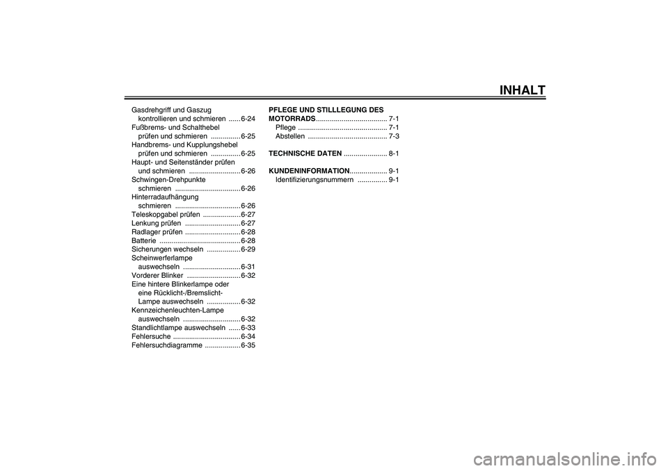 YAMAHA FJR1300A 2006  Betriebsanleitungen (in German) INHALT
Gasdrehgriff und Gaszug 
kontrollieren und schmieren  ...... 6-24
Fußbrems- und Schalthebel 
prüfen und schmieren  ............... 6-25
Handbrems- und Kupplungshebel 
prüfen und schmieren  .