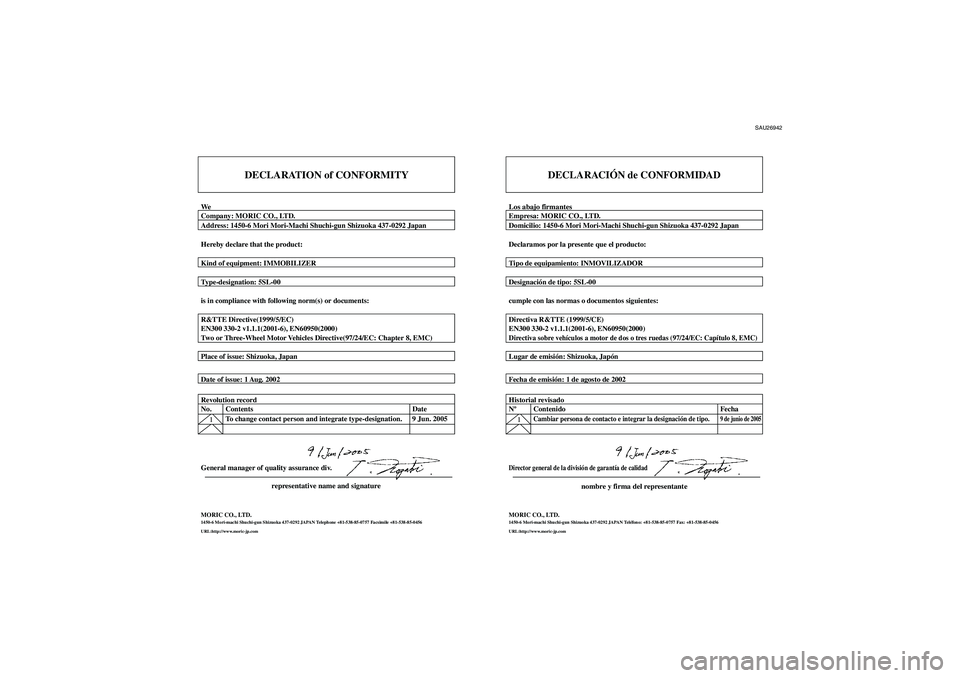 YAMAHA FJR1300A 2006  Manuale de Empleo (in Spanish) SAU26942
DECLARATION of CONFORMITY
WeCompany: MORIC CO., LTD.
Address: 1450-6 Mori Mori-Machi Shuchi-gun Shizuoka 437-0292 Japan
Hereby declare that the product:
Kind of equipment: IMMOBILIZER
Type-de