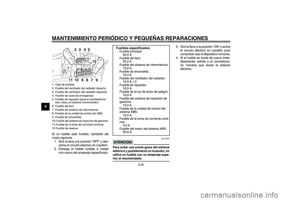 YAMAHA FJR1300A 2006  Manuale de Empleo (in Spanish) MANTENIMIENTO PERIÓDICO Y PEQUEÑAS REPARACIONES
6-30
6
Si un fusible está fundido, cámbielo del
modo siguiente.
1. Gire la llave a la posición “OFF” y des-
active el circuito eléctrico en cu