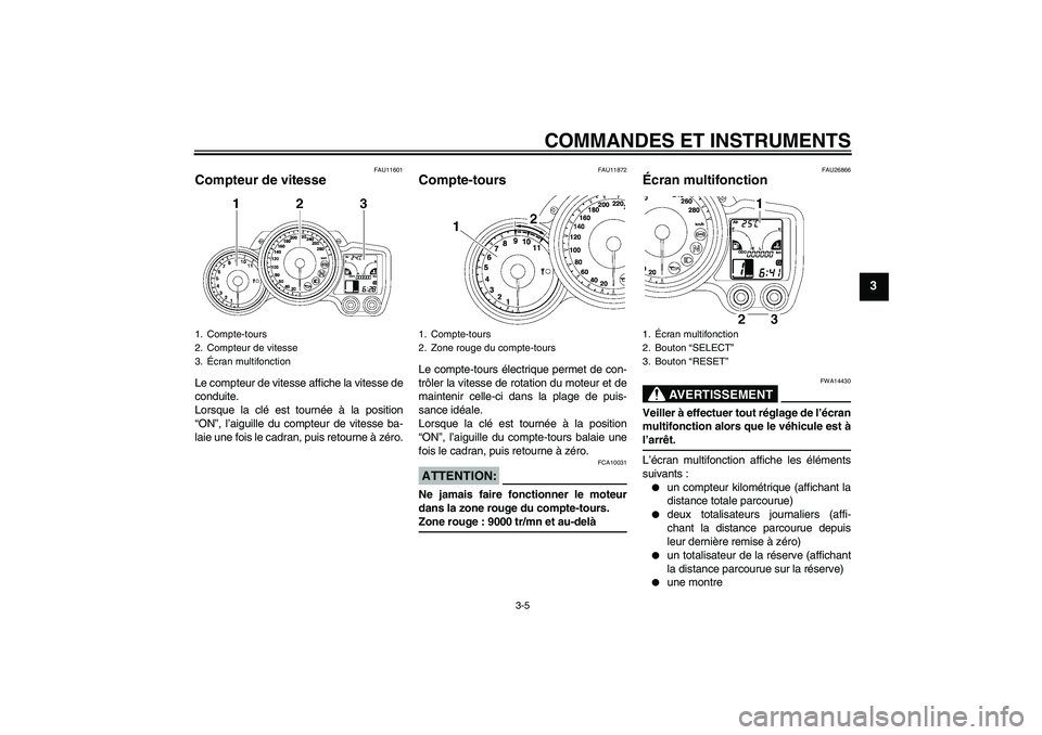 YAMAHA FJR1300A 2006  Notices Demploi (in French) COMMANDES ET INSTRUMENTS
3-5
3
FAU11601
Compteur de vitesse Le compteur de vitesse affiche la vitesse de
conduite.
Lorsque la clé est tournée à la position
“ON”, l’aiguille du compteur de vit