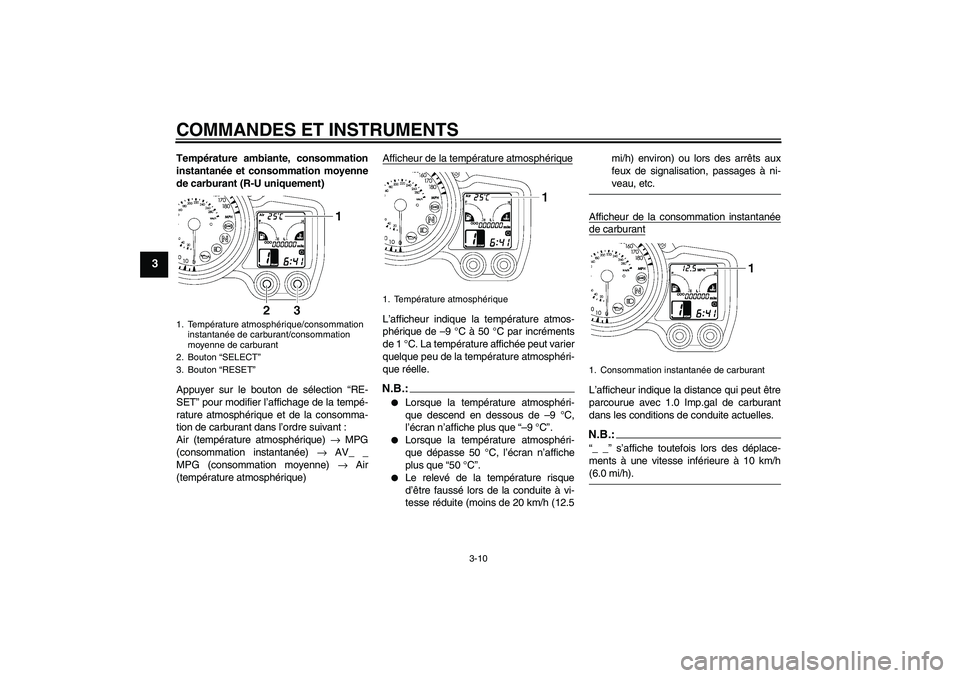 YAMAHA FJR1300A 2006 Notices Demploi (in French) COMMANDES ET INSTRUMENTS
3-10
3
Température ambiante, consommation
instantanée et consommation moyenne
de carburant (R-U uniquement)
Appuyer sur le bouton de sélection “RE-
SET” pour modifier l YAMAHA FJR1300A 2006 Notices Demploi (in French) COMMANDES ET INSTRUMENTS
3-10
3
Température ambiante, consommation
instantanée et consommation moyenne
de carburant (R-U uniquement)
Appuyer sur le bouton de sélection “RE-
SET” pour modifier l