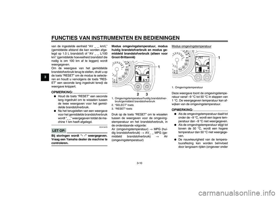 YAMAHA FJR1300A 2006  Instructieboekje (in Dutch) FUNCTIES VAN INSTRUMENTEN EN BEDIENINGEN
3-10
3
van de ingestelde eenheid “AV _ _ km/L”
(gemiddelde afstand die kan worden afge-
legd op 1.0 L brandstof) of “AV _ _ L/100
km” (gemiddelde hoeve