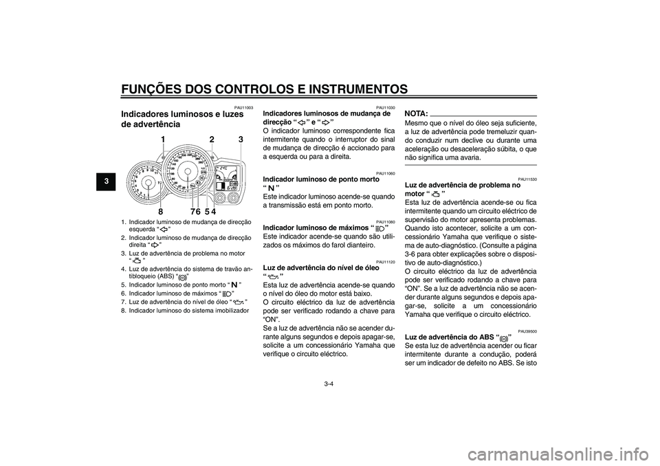 YAMAHA FJR1300A 2006  Manual de utilização (in Portuguese) FUNÇÕES DOS CONTROLOS E INSTRUMENTOS
3-4
3
PAU11003
Indicadores luminosos e luzes 
de advertência 
PAU11030
Indicadores luminosos de mudança de 
direcção “” e “” 
O indicador luminoso co