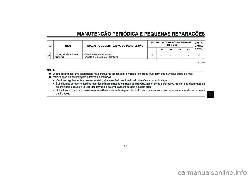 YAMAHA FJR1300A 2006  Manual de utilização (in Portuguese) MANUTENÇÃO PERIÓDICA E PEQUENAS REPARAÇÕES
6-5
6
PAU17670
NOTA :
O fitro de ar exige uma assistência mais frequente se conduzir o veículo em áreas invulgarmente húmidas ou poeirentas.

Manu