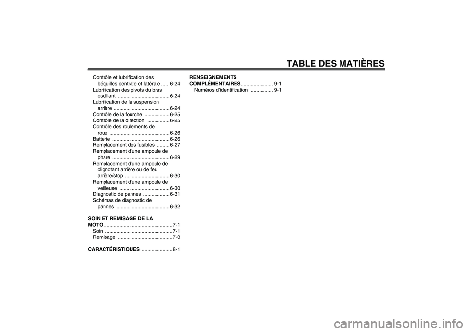 YAMAHA FJR1300A 2005  Notices Demploi (in French) TABLE DES MATIÈRES
Contrôle et lubrification des 
béquilles centrale et latérale .....  6-24
Lubrification des pivots du bras 
oscillant ..................................... 6-24
Lubrification de