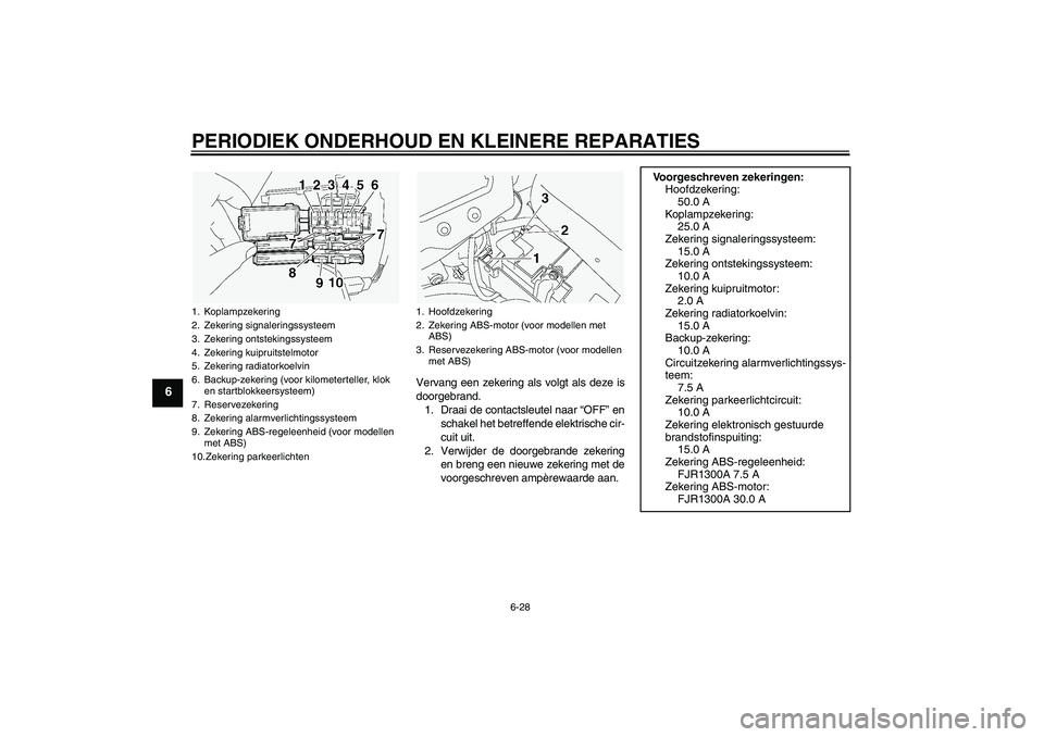 YAMAHA FJR1300A 2005 Instructieboekje (in Dutch) PERIODIEK ONDERHOUD EN KLEINERE REPARATIES
6-28
6
Vervang een zekering als volgt als deze is
doorgebrand.
1. Draai de contactsleutel naar “OFF” en
schakel het betreffende elektrische cir-
cuit uit YAMAHA FJR1300A 2005 Instructieboekje (in Dutch) PERIODIEK ONDERHOUD EN KLEINERE REPARATIES
6-28
6
Vervang een zekering als volgt als deze is
doorgebrand.
1. Draai de contactsleutel naar “OFF” en
schakel het betreffende elektrische cir-
cuit uit