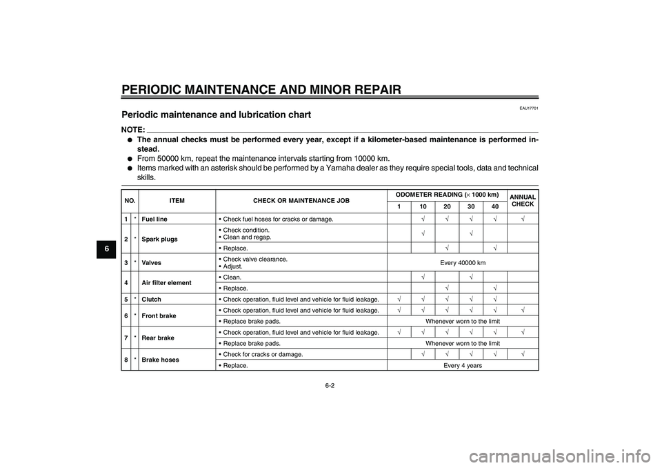 YAMAHA FJR1300A 2004  Owners Manual PERIODIC MAINTENANCE AND MINOR REPAIR
6-2
6
EAU17701
Periodic maintenance and lubrication chart NOTE:
The annual checks must be performed every year, except if a kilometer-based maintenance is perfor