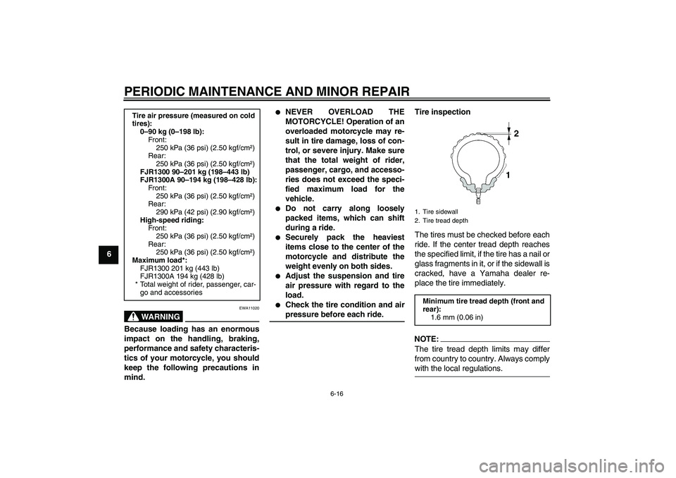 YAMAHA FJR1300A 2004 Workshop Manual PERIODIC MAINTENANCE AND MINOR REPAIR
6-16
6
WARNING
EWA11020
Because loading has an enormous
impact on the handling, braking,
performance and safety characteris-
tics of your motorcycle, you should
k