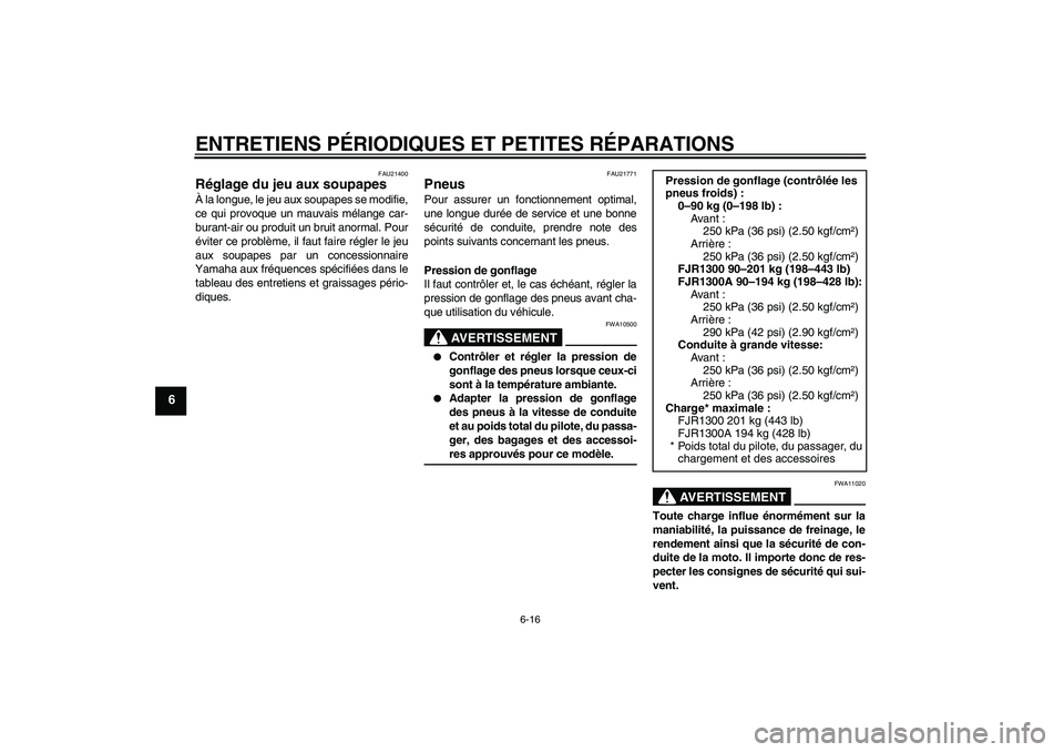 YAMAHA FJR1300A 2004  Notices Demploi (in French) ENTRETIENS PÉRIODIQUES ET PETITES RÉPARATIONS
6-16
6
FAU21400
Réglage du jeu aux soupapes À la longue, le jeu aux soupapes se modifie,
ce qui provoque un mauvais mélange car-
burant-air ou produi