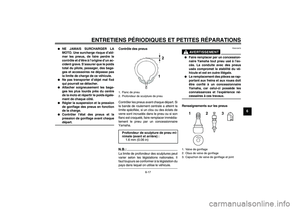 YAMAHA FJR1300A 2004  Notices Demploi (in French) ENTRETIENS PÉRIODIQUES ET PETITES RÉPARATIONS
6-17
6

NE JAMAIS SURCHARGER LA
MOTO. Une surcharge risque d’abî-
mer les pneus, de faire perdre le
contrôle et d’être à l’origine d’un ac-