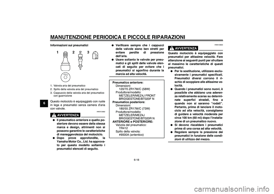 YAMAHA FJR1300A 2004  Manuale duso (in Italian) MANUTENZIONE PERIODICA E PICCOLE RIPARAZIONI
6-18
6
Informazioni sui pneumatici
Questo motociclo è equipaggiato con ruote
in lega e pneumatici senza camera d’aria
con valvole.
AVVERTENZA
HWA10480
