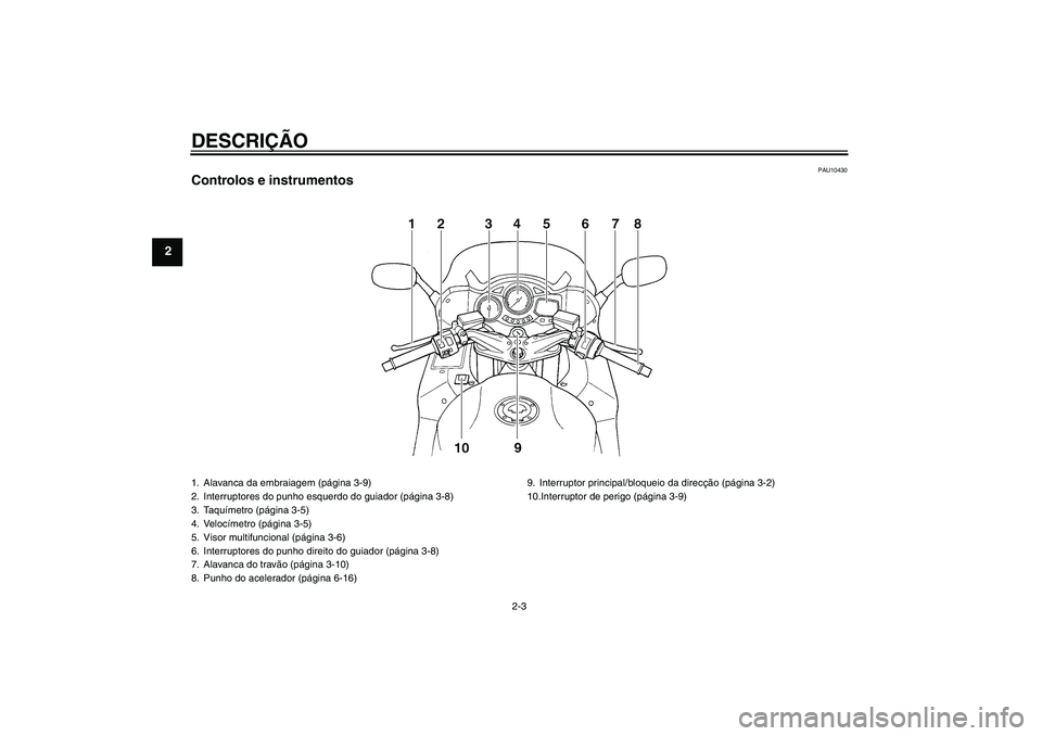 YAMAHA FJR1300A 2004  Manual de utilização (in Portuguese) DESCRIÇÃO
2-3
2
PAU10430
Controlos e instrumentos1. Alavanca da embraiagem (página 3-9)
2. Interruptores do punho esquerdo do guiador (página 3-8)
3. Taquímetro (página 3-5)
4. Velocímetro (pá
