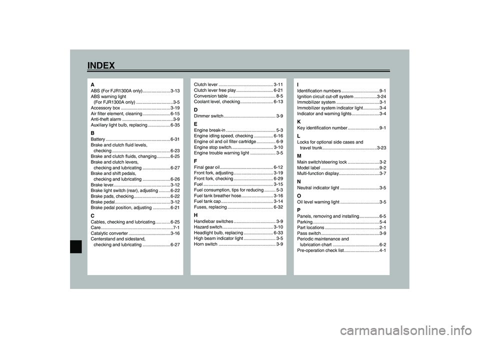 YAMAHA FJR1300A 2003  Owners Manual INDEXAABS (For FJR1300A only)...................... 3-13
ABS warning light 
(For FJR1300A only) .............................3-5
Accessory box ....................................... 3-19
Air filter e