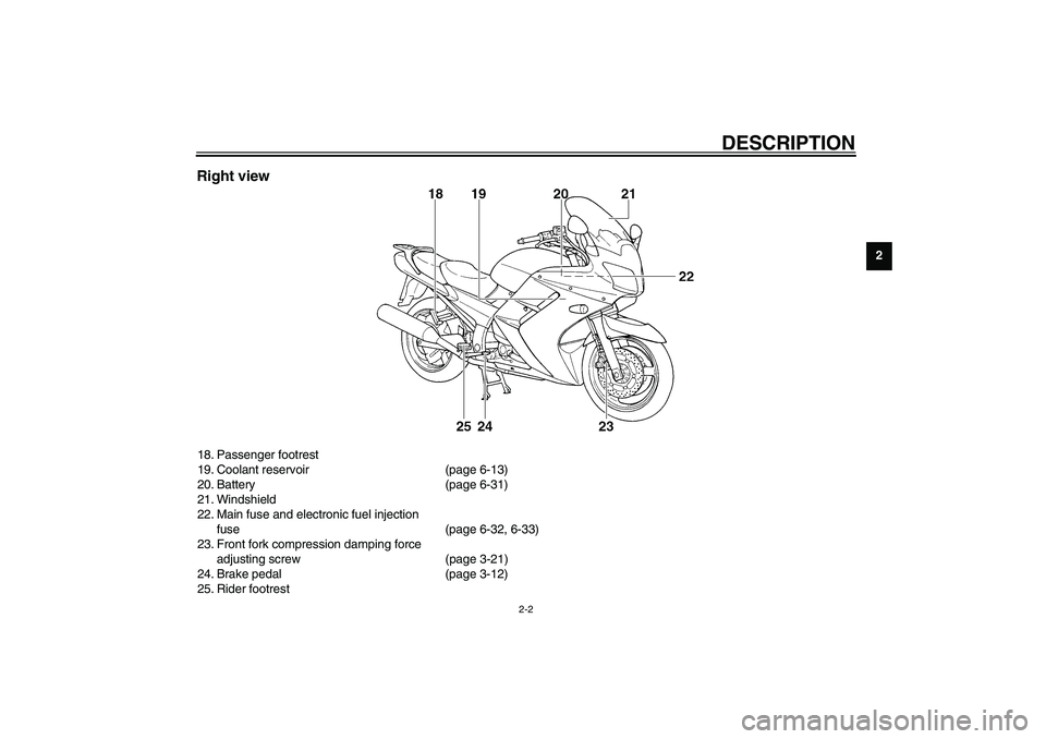 YAMAHA FJR1300A 2003 User Guide DESCRIPTION
2-2
2
Right view18. Passenger footrest
19. Coolant reservoir (page 6-13)
20. Battery (page 6-31)
21. Windshield
22. Main fuse and electronic fuel injection 
fuse (page 6-32, 6-33)
23. Fron