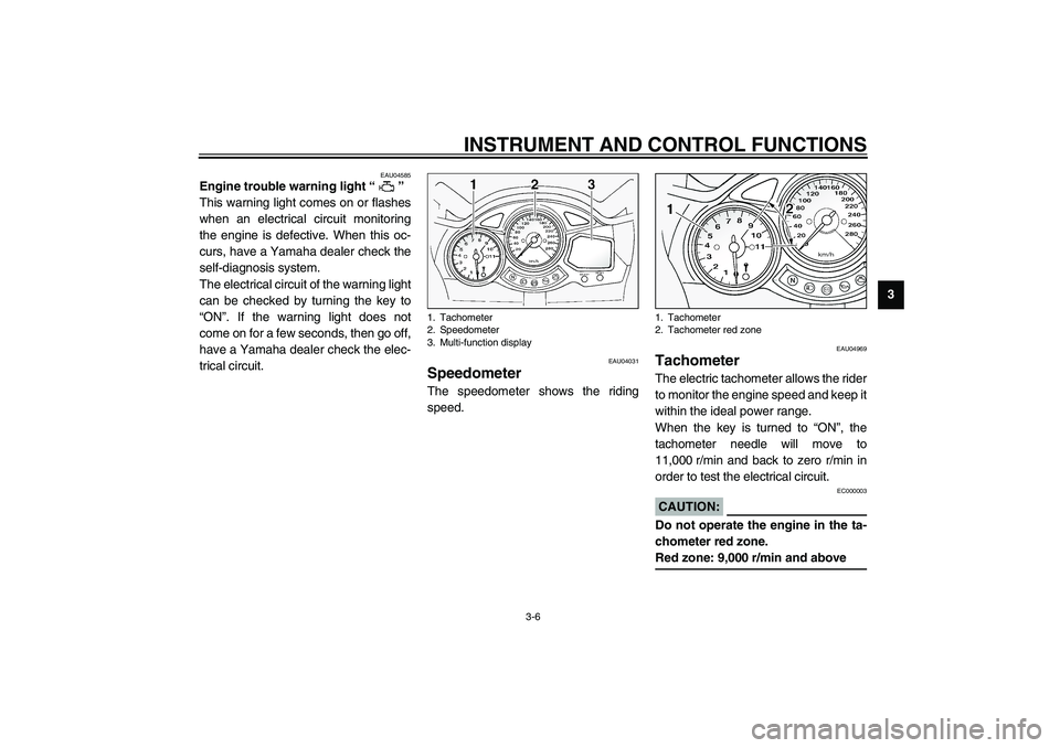 YAMAHA FJR1300A 2003 Owners Manual INSTRUMENT AND CONTROL FUNCTIONS
3-6
3
EAU04585
Engine trouble warning light “ ” 
This warning light comes on or flashes
when an electrical circuit monitoring
the engine is defective. When this oc
