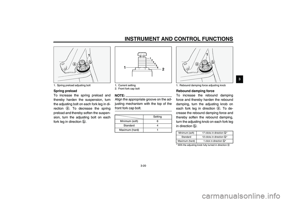 YAMAHA FJR1300A 2003 Owners Guide INSTRUMENT AND CONTROL FUNCTIONS
3-20
3
Spring preload
To increase the spring preload and
thereby harden the suspension, turn
the adjusting bolt on each fork leg in di-
rection 
a. To decrease the spr