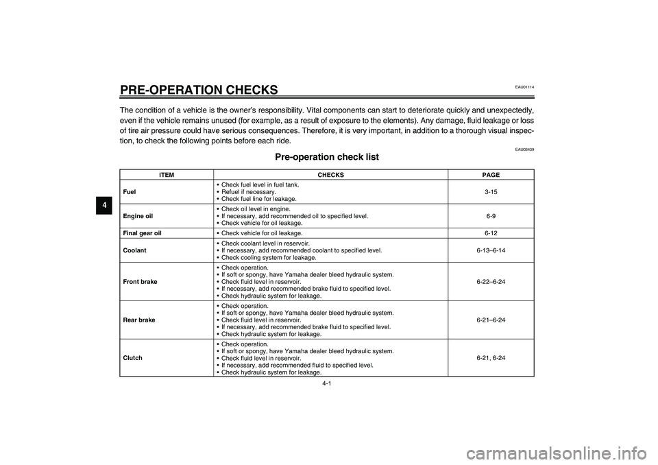 YAMAHA FJR1300A 2003 Service Manual 4-1
4
EAU01114
4-PRE-OPERATION CHECKSThe condition of a vehicle is the owner’s responsibility. Vital components can start to deteriorate quickly and unexpectedly,
even if the vehicle remains unused 