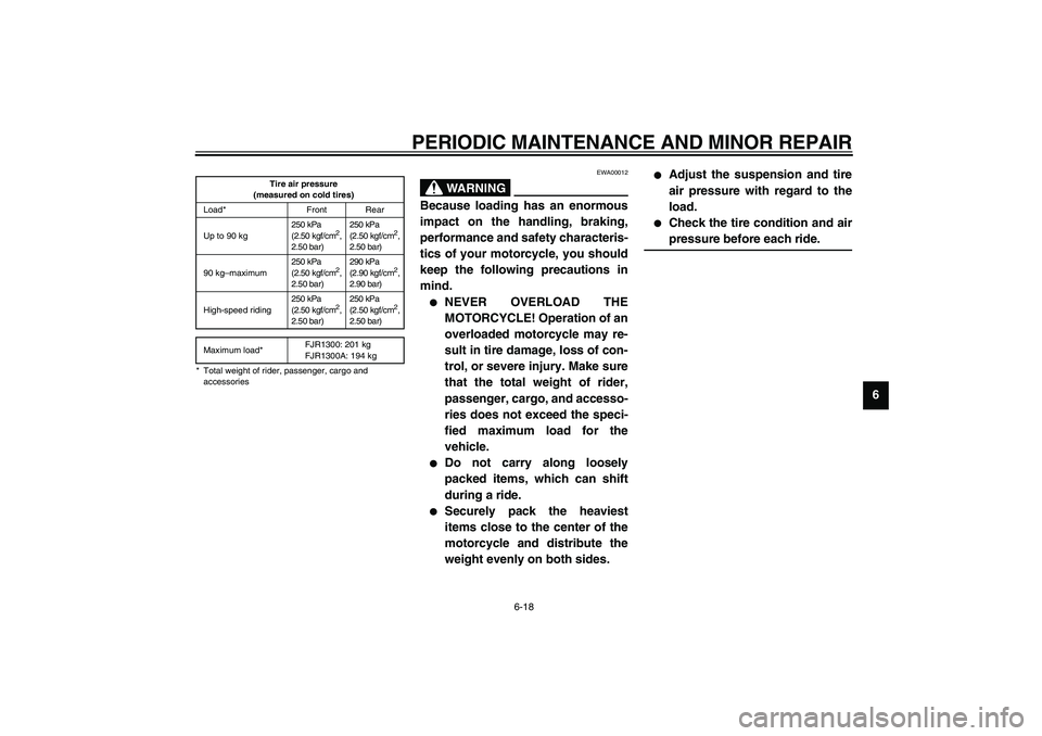 YAMAHA FJR1300A 2003 Manual PDF PERIODIC MAINTENANCE AND MINOR REPAIR
6-18
6
CE-01E
CE-07EEWA00012
WARNING
_ Because loading has an enormous
impact on the handling, braking,
performance and safety characteris-
tics of your motorcycl