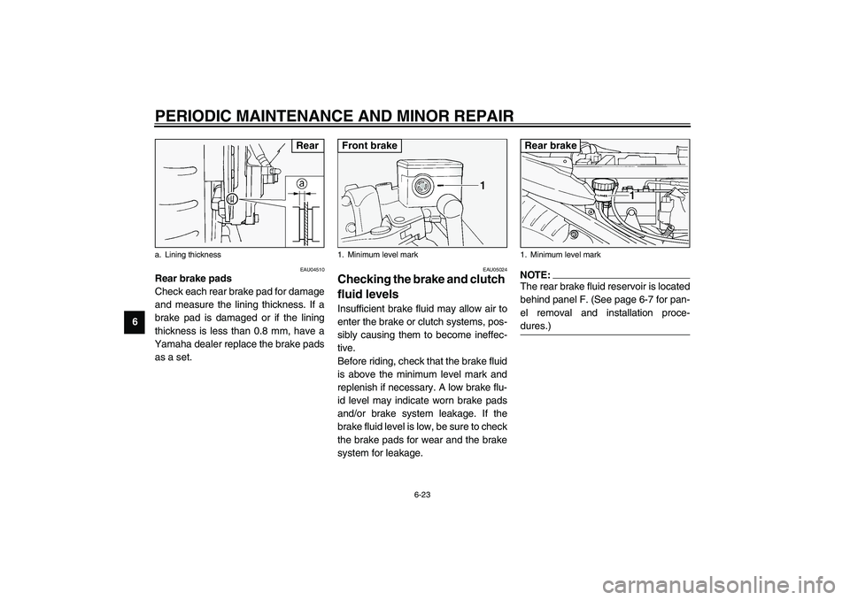 YAMAHA FJR1300A 2003 Manual PDF PERIODIC MAINTENANCE AND MINOR REPAIR
6-23
6
EAU04510
Rear brake pads
Check each rear brake pad for damage
and measure the lining thickness. If a
brake pad is damaged or if the lining
thickness is les