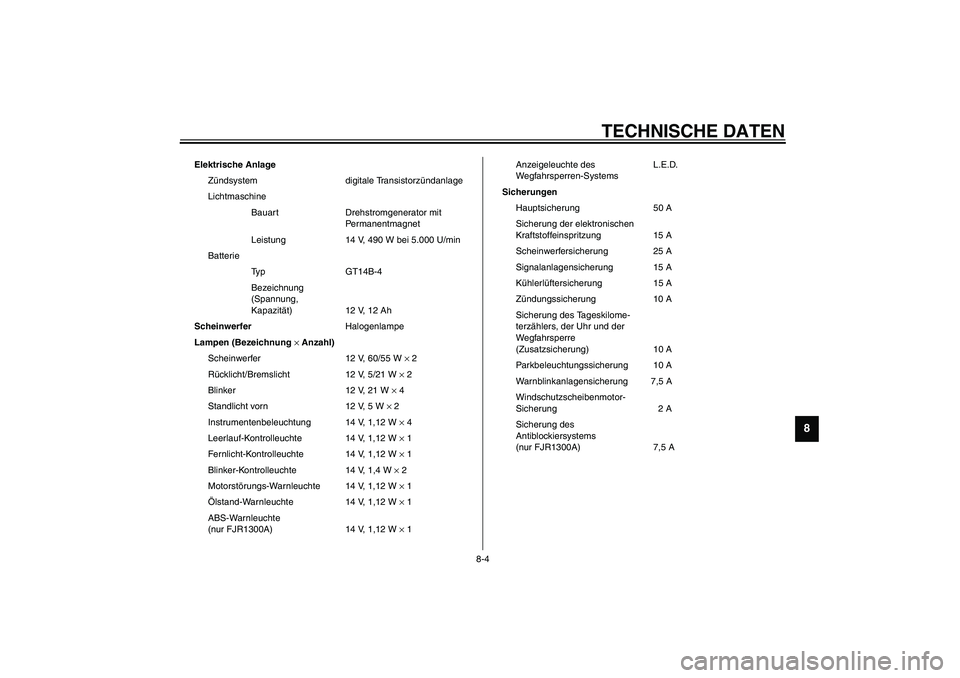 YAMAHA FJR1300A 2003 Betriebsanleitungen (in German) TECHNISCHE DATEN
8-4
8
Elektrische Anlage
Zündsystem digitale Transistorzündanlage
Lichtmaschine
Bauart Drehstromgenerator mit
Permanentmagnet
Leistung 14 V, 490 W bei 5.000 U/min
Batterie
Typ GT14 YAMAHA FJR1300A 2003 Betriebsanleitungen (in German) TECHNISCHE DATEN
8-4
8
Elektrische Anlage
Zündsystem digitale Transistorzündanlage
Lichtmaschine
Bauart Drehstromgenerator mit
Permanentmagnet
Leistung 14 V, 490 W bei 5.000 U/min
Batterie
Typ GT14