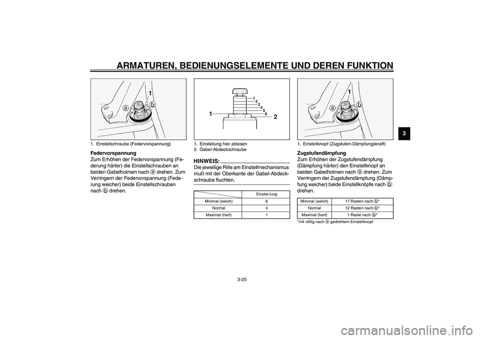 YAMAHA FJR1300A 2003  Betriebsanleitungen (in German) ARMATUREN, BEDIENUNGSELEMENTE UND DEREN FUNKTION
3-20
3
Federvorspannung
Zum Erhöhen der Federvorspannung (Fe-
derung härter) die Einstellschrauben an 
beiden Gabelholmen nach 
a drehen. Zum 
Verrin