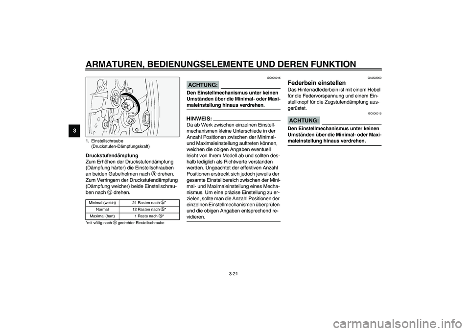 YAMAHA FJR1300A 2003  Betriebsanleitungen (in German) ARMATUREN, BEDIENUNGSELEMENTE UND DEREN FUNKTION
3-21
3
Druckstufendämpfung
Zum Erhöhen der Druckstufendämpfung 
(Dämpfung härter) die Einstellschrauben 
an beiden Gabelholmen nach 
a drehen. 
Zu