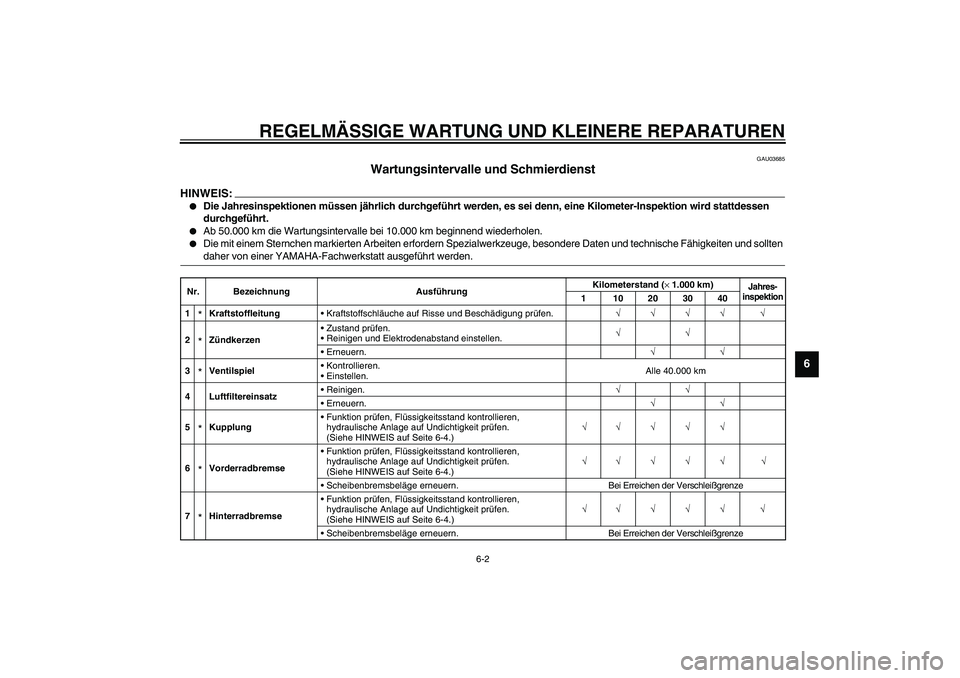 YAMAHA FJR1300A 2003  Betriebsanleitungen (in German) REGELMÄSSIGE WARTUNG UND KLEINERE REPARATUREN
6-2
6
GAU03685
Wartungsintervalle und Schmierdienst 
HINWEIS:_ 
Die Jahresinspektionen müssen jährlich durchgeführt werden, es sei denn, eine Kilomet
