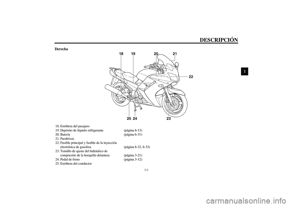 YAMAHA FJR1300A 2003  Manuale de Empleo (in Spanish) DESCRIPCIÓN
2-2
2
Derecha18. Estribera del pasajero
19. Depósito de líquido refrigerante (página 6-13)
20. Batería(página 6-31)
21. Parabrisas
22. Fusible principal y fusible de la inyección 
e