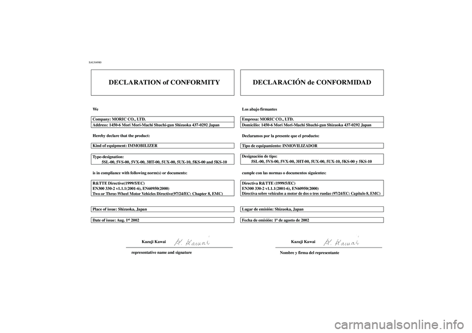 YAMAHA FJR1300A 2003  Manuale de Empleo (in Spanish) SAU04980
CM-01S
DECLARATION of CONFORMITY
We
Hereby declare that the product:
is in compliance with following norm(s) or documents: Type-designation:
         5SL-00, 5VS-00, 5VX-00, 3HT-00, 5UX-00, 5