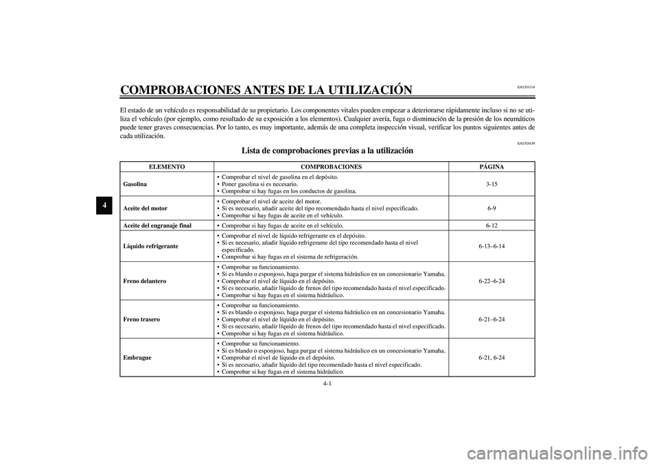 YAMAHA FJR1300A 2003  Manuale de Empleo (in Spanish) 4-1
4
SAU01114
4-COMPROBACIONES ANTES DE LA UTILIZACIÓNEl estado de un vehículo es responsabilidad de su propietario. Los componentes vitales pueden empezar a deteriorarse rápidamente incluso si no