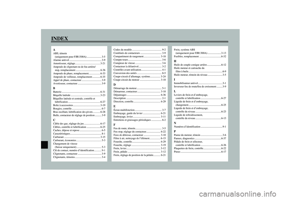 YAMAHA FJR1300A 2003  Notices Demploi (in French) INDEXAABS, témoin 
(uniquement pour FJR1300A) ....................... 3-5
Alarme antivol .................................................. 3-9
Amortisseur, réglage..................................