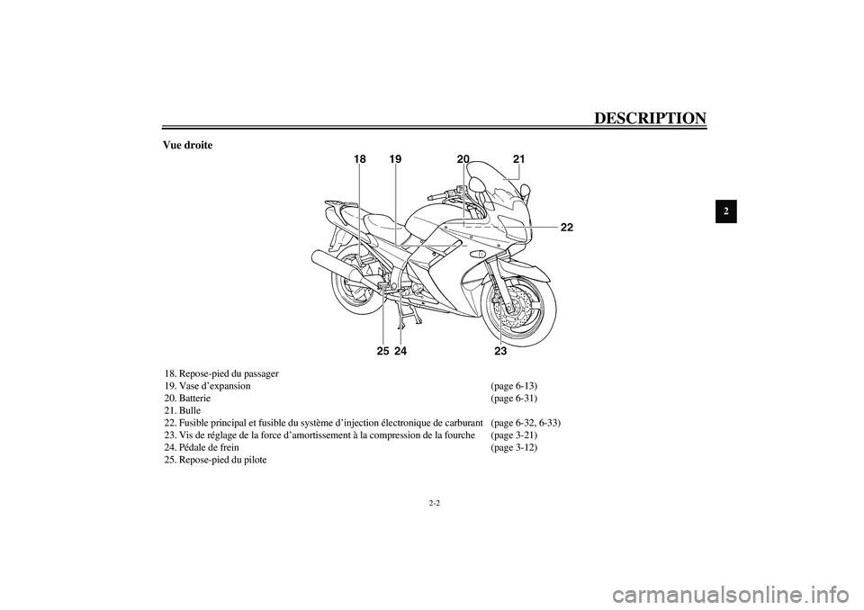 YAMAHA FJR1300A 2003  Notices Demploi (in French) DESCRIPTION
2-2
2
Vue droite18. Repose-pied du passager
19. Vase d’expansion (page 6-13)
20. Batterie (page 6-31)
21. Bulle
22. Fusible principal et fusible du système d’injection électronique d