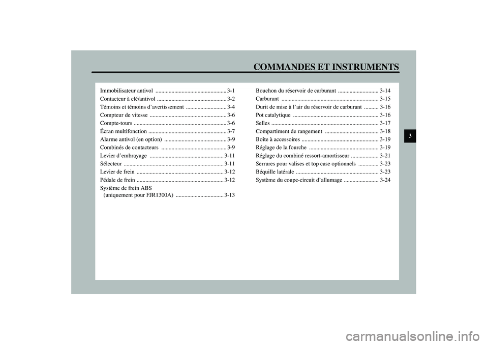 YAMAHA FJR1300A 2003  Notices Demploi (in French) COMMANDES ET INSTRUMENTS
3
Immobilisateur antivol  ................................................. 3-1
Contacteur à clé/antivol ................................................ 3-2
Témoins et té