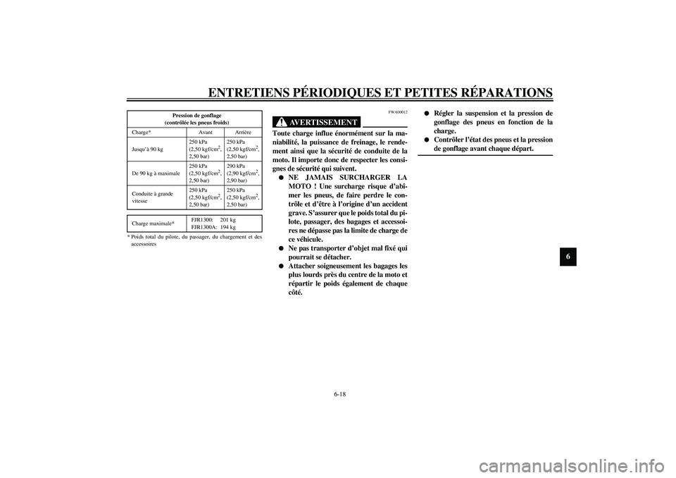 YAMAHA FJR1300A 2003  Notices Demploi (in French) ENTRETIENS PÉRIODIQUES ET PETITES RÉPARATIONS
6-18
6
CE-01F
CE-07FFWA00012
AVERTISSEMENT
_ Toute charge influe énormément sur la ma-
niabilité, la puissance de freinage, le rende-
ment ainsi que 