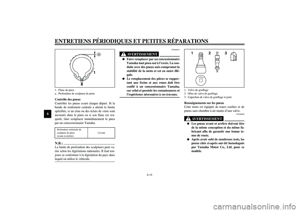 YAMAHA FJR1300A 2003  Notices Demploi (in French) ENTRETIENS PÉRIODIQUES ET PETITES RÉPARATIONS
6-19
6
Contrôle des pneus
Contrôler les pneus avant chaque départ. Si la
bande de roulement centrale a atteint la limite
spécifiée, si un clou ou d