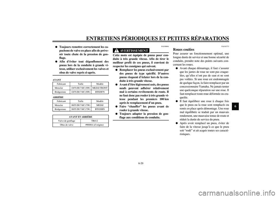 YAMAHA FJR1300A 2003  Notices Demploi (in French) ENTRETIENS PÉRIODIQUES ET PETITES RÉPARATIONS
6-20
6

Toujours remettre correctement les ca-
puchons de valve en place afin de préve-
nir toute chute de la pression de gon-
flage.

Afin d’évit