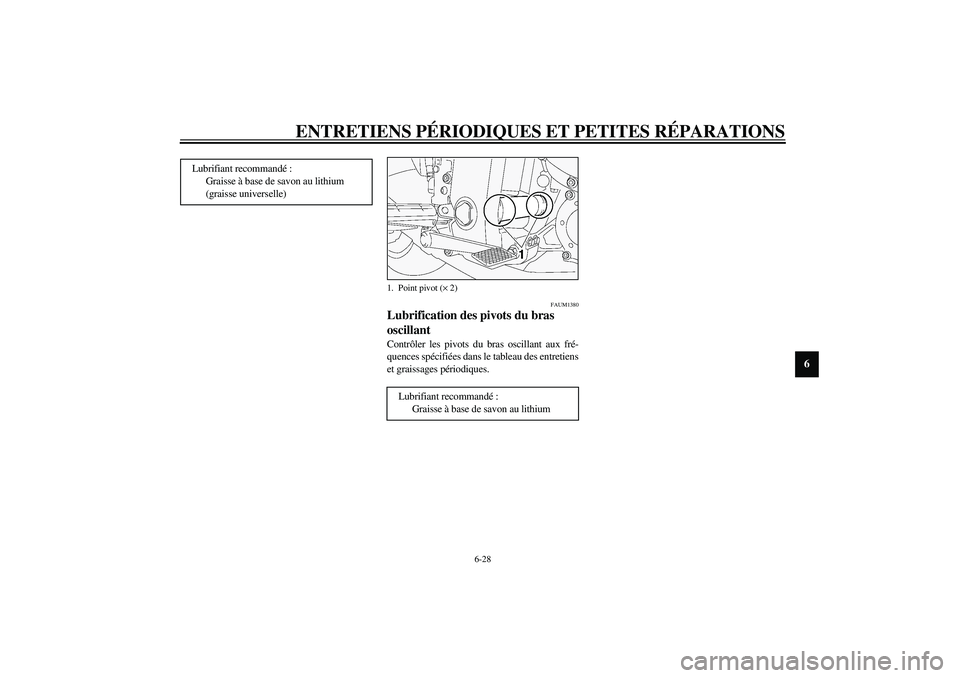 YAMAHA FJR1300A 2003  Notices Demploi (in French) ENTRETIENS PÉRIODIQUES ET PETITES RÉPARATIONS
6-28
6
FAUM1380
Lubrification des pivots du bras 
oscillant Contrôler les pivots du bras oscillant aux fré-
quences spécifiées dans le tableau des e