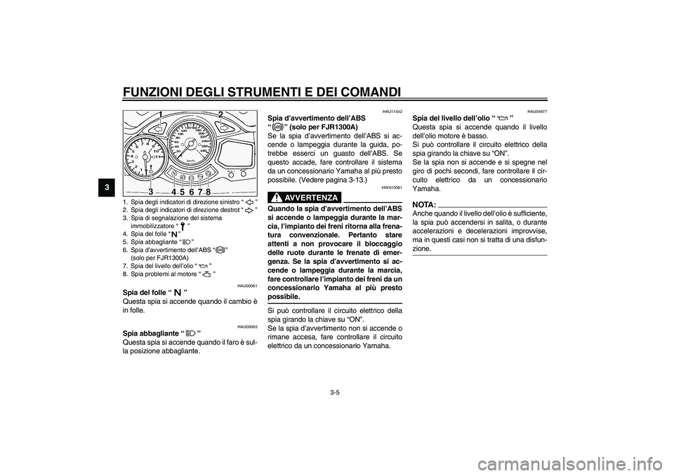 YAMAHA FJR1300A 2003  Manuale duso (in Italian) FUNZIONI DEGLI STRUMENTI E DEI COMANDI
3-5
3
HAU00061
Spia del folle “” 
Questa spia si accende quando il cambio è
in folle.
HAU00063
Spia abbagliante “” 
Questa spia si accende quando il far