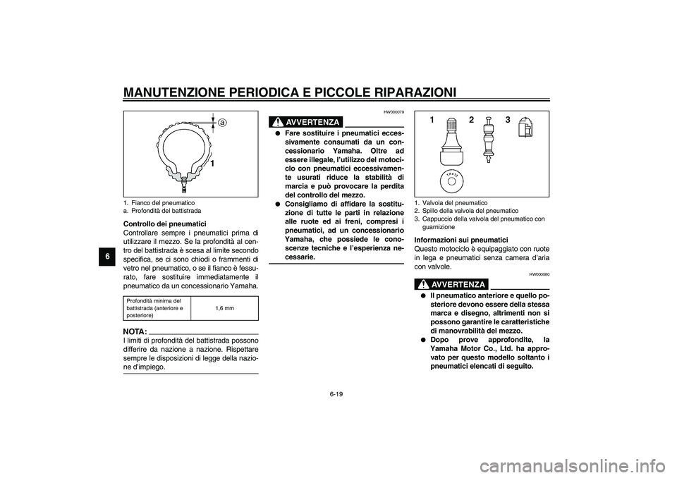YAMAHA FJR1300A 2003  Manuale duso (in Italian) MANUTENZIONE PERIODICA E PICCOLE RIPARAZIONI
6-19
6
Controllo dei pneumatici
Controllare sempre i pneumatici prima di
utilizzare il mezzo. Se la profondità al cen-
tro del battistrada è scesa al lim