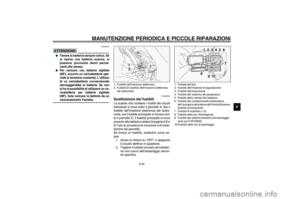 YAMAHA FJR1300A 2003  Manuale duso (in Italian) MANUTENZIONE PERIODICA E PICCOLE RIPARAZIONI
6-32
6
HC000102
ATTENZIONE:_ 
Tenere la batteria sempre carica. Se
si ripone una batteria scarica, si
possono provocare danni perma-
nenti alla stessa. 

