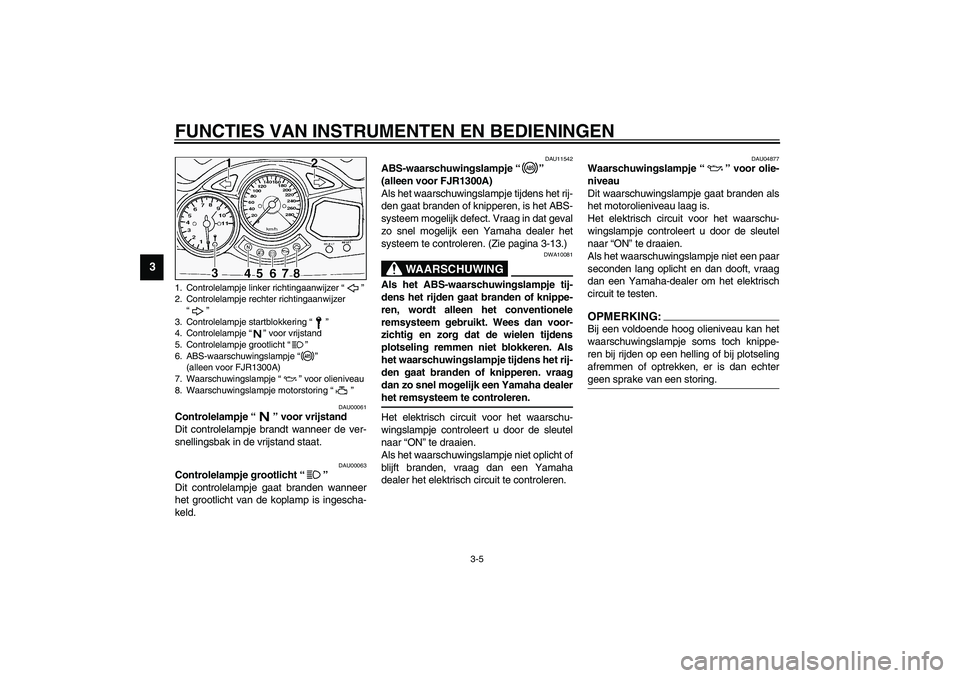 YAMAHA FJR1300A 2003  Instructieboekje (in Dutch) FUNCTIES VAN INSTRUMENTEN EN BEDIENINGEN
3-5
3
DAU00061
Controlelampje “” voor vrijstand 
Dit controlelampje brandt wanneer de ver-
snellingsbak in de vrijstand staat.
DAU00063
Controlelampje groo