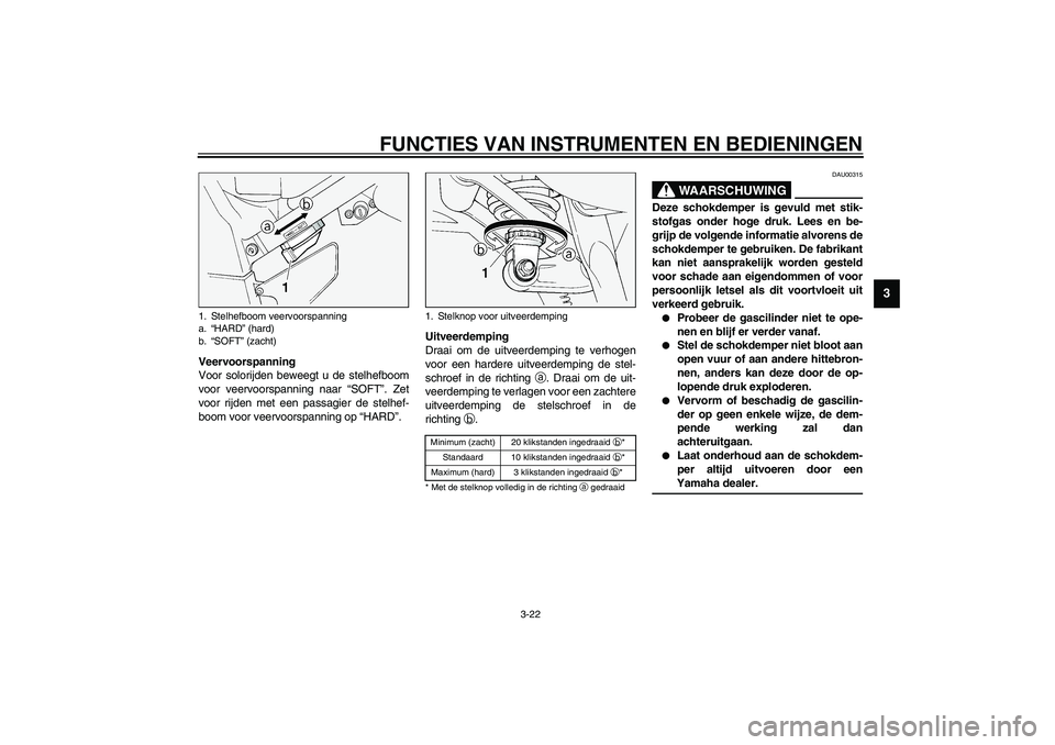 YAMAHA FJR1300A 2003  Instructieboekje (in Dutch) FUNCTIES VAN INSTRUMENTEN EN BEDIENINGEN
3-22
3
Veervoorspanning
Voor solorijden beweegt u de stelhefboom
voor veervoorspanning naar “SOFT”. Zet
voor rijden met een passagier de stelhef-
boom voor