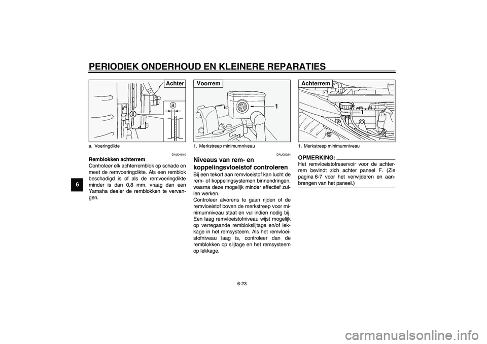 YAMAHA FJR1300A 2003  Instructieboekje (in Dutch) PERIODIEK ONDERHOUD EN KLEINERE REPARATIES
6-23
6
DAU04510
Remblokken achterrem
Controleer elk achterremblok op schade en
meet de remvoeringdikte. Als een remblok
beschadigd is of als de remvoeringdik