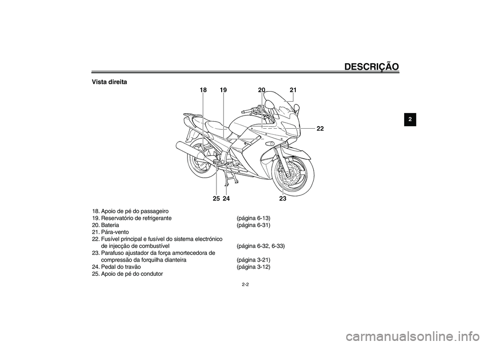 YAMAHA FJR1300A 2003  Manual de utilização (in Portuguese) DESCRIÇÃO
2-2
2
Vista direita18. Apoio de pé do passageiro
19. Reservatório de refrigerante (página 6-13)
20. Bateria (página 6-31)
21. Pára-vento
22. Fusível principal e fusível do sistema e