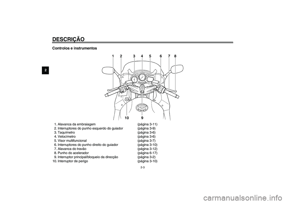 YAMAHA FJR1300A 2003  Manual de utilização (in Portuguese) DESCRIÇÃO
2-3
2
Controlos e instrumentos1. Alavanca da embraiagem (página 3-11)
2. Interruptores do punho esquerdo do guiador (página 3-9)
3. Taquímetro (página 3-6)
4. Velocímetro (página 3-6